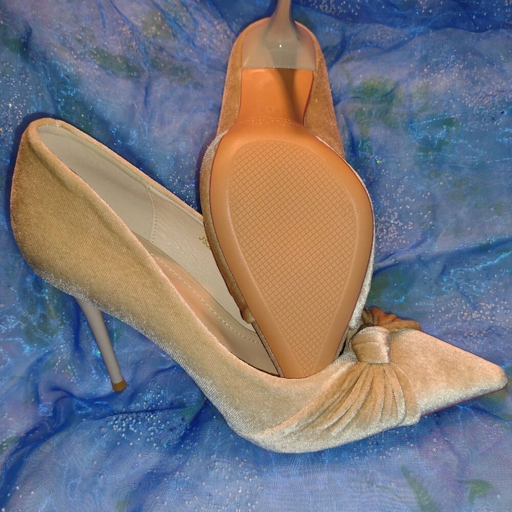 Sz 5.5/6 Tan Velvet High Heels Women w/ Twist Bow Knot Stiletto Shoes Stylewe